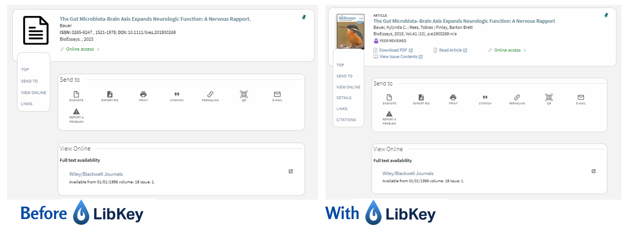 Two different browser screen shots displaying the visual difference before and after Libkey. Including more information about the creator of the item. Two different browser screen shots displaying the visual difference before and after Libkey. Including more information about the creator of the item.