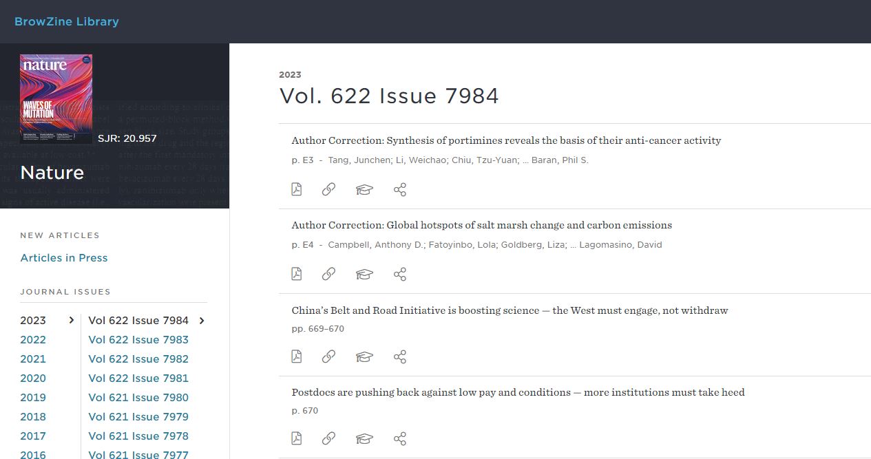 An example image of the web interface for Browzine, showing the Nature Journal. An example image of the web interface for Browzine, showing the Nature Journal.