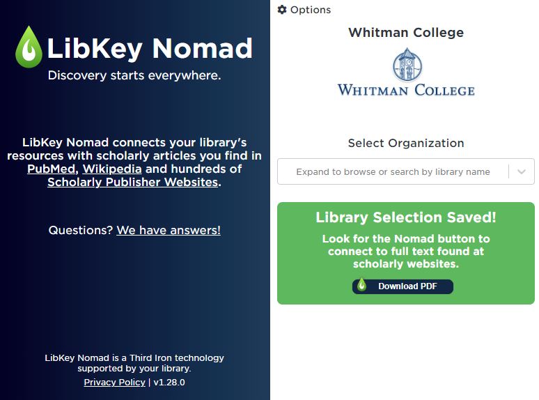 The full dropdown of the LibKey Nomad extension in Google Chrome. The full dropdown of the LibKey Nomad extension in Google Chrome.